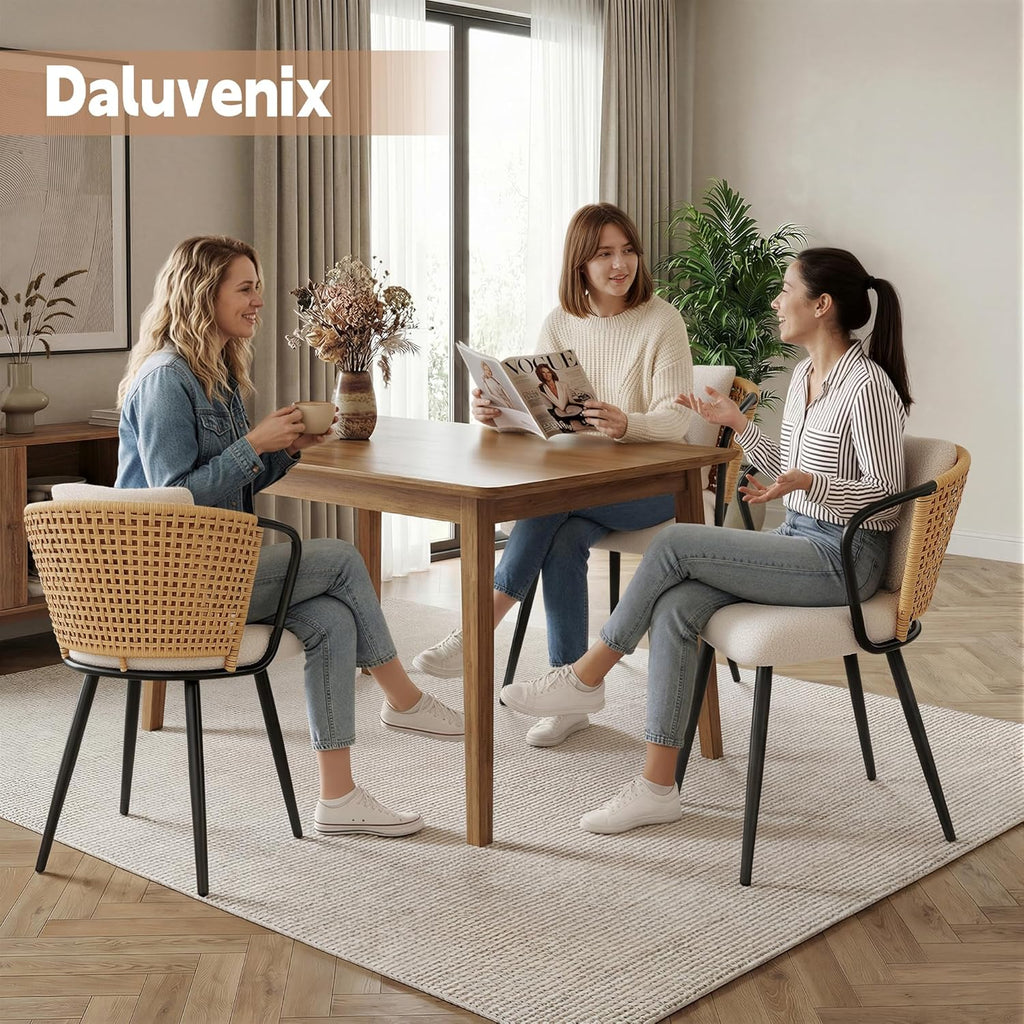 Rattan Dining Chairs Set of 4, Modern Upholstered Kitchen Chair with Metal Legs, Ergonomic Curved Backrest, Mid