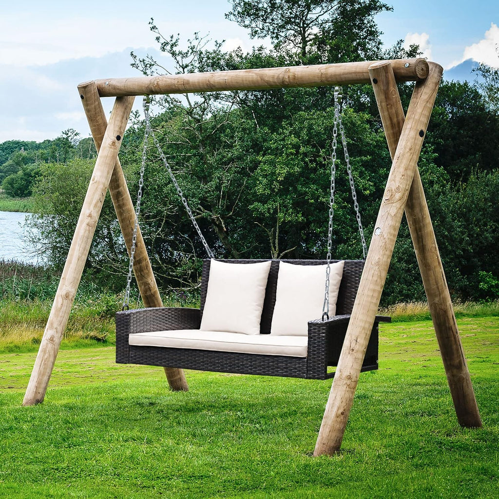 2-Person Wicker Porch Swing, Patiojoy Outdoor Rattan Hanging Swing Bench W/ 2 Back Cushions & 1 Seat Cushion, Sturdy