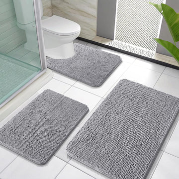 Chenille Bathroom Rugs Sets 3 Piece, 30"x20"+24"x16"+24"x20", Grey | Soft Absorbent Bath Mat and U-Shaped Contour