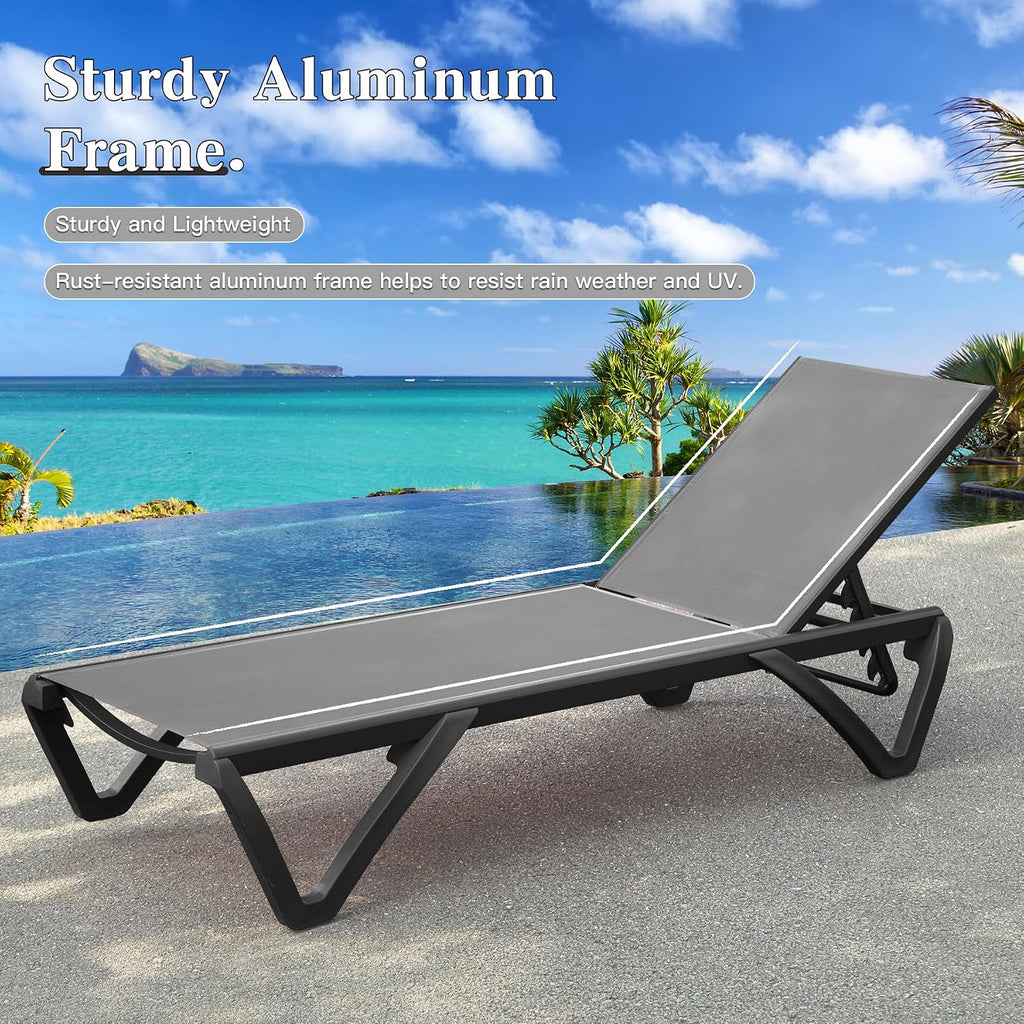 Pool Lounge Chairs Set of 2, Aluminum Adjustable Outdoor Chaise Lounge with Wheels, All Weather Outdoor Lounge