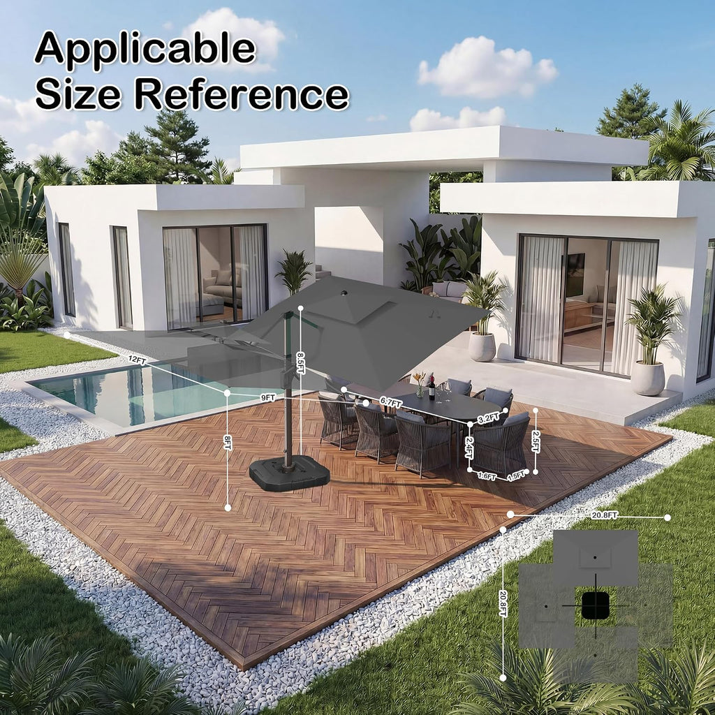 9x12 FT Patio Umbrella with Weighted Base and LED Lights Cantilever Outdoor Large Heavy Duty Rectangle Aluminum Offset