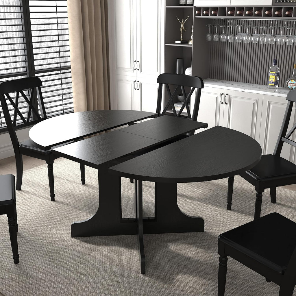 Extendable Round Dining Table for 4-6,43.3-59" Transformer Kitchen Table W/Removable Leaf Trestle & X-Shaped