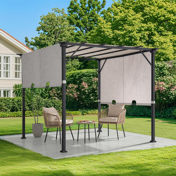 9 x 9 ft. Pergola, Outdoor Patio Matte Black Steel Classic Frame Pergola with Retractable White Canopy Shade for Backyard, Garden Activities, Light Gray
