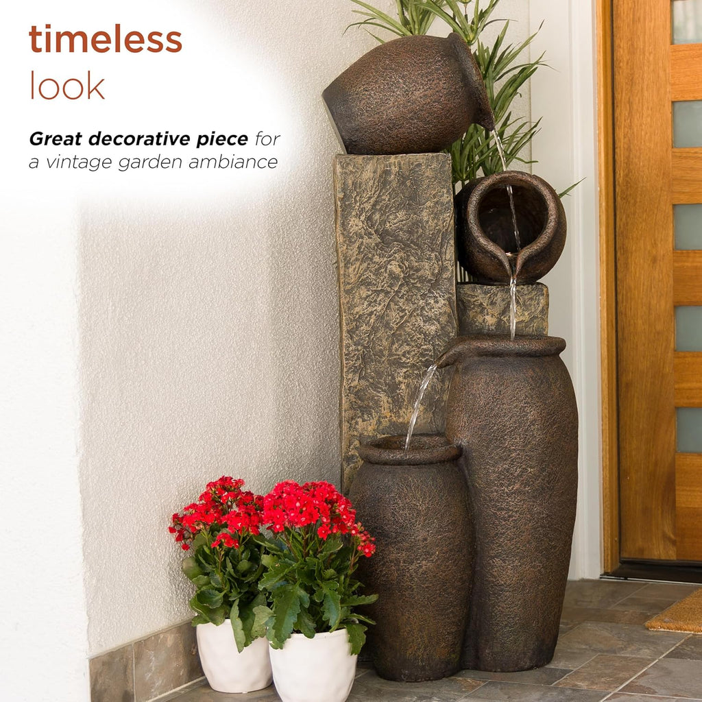 43" Tall Indoor Outdoor Pottery Fountain with Replaceable LED Lights, Water Feature Decor, Brown