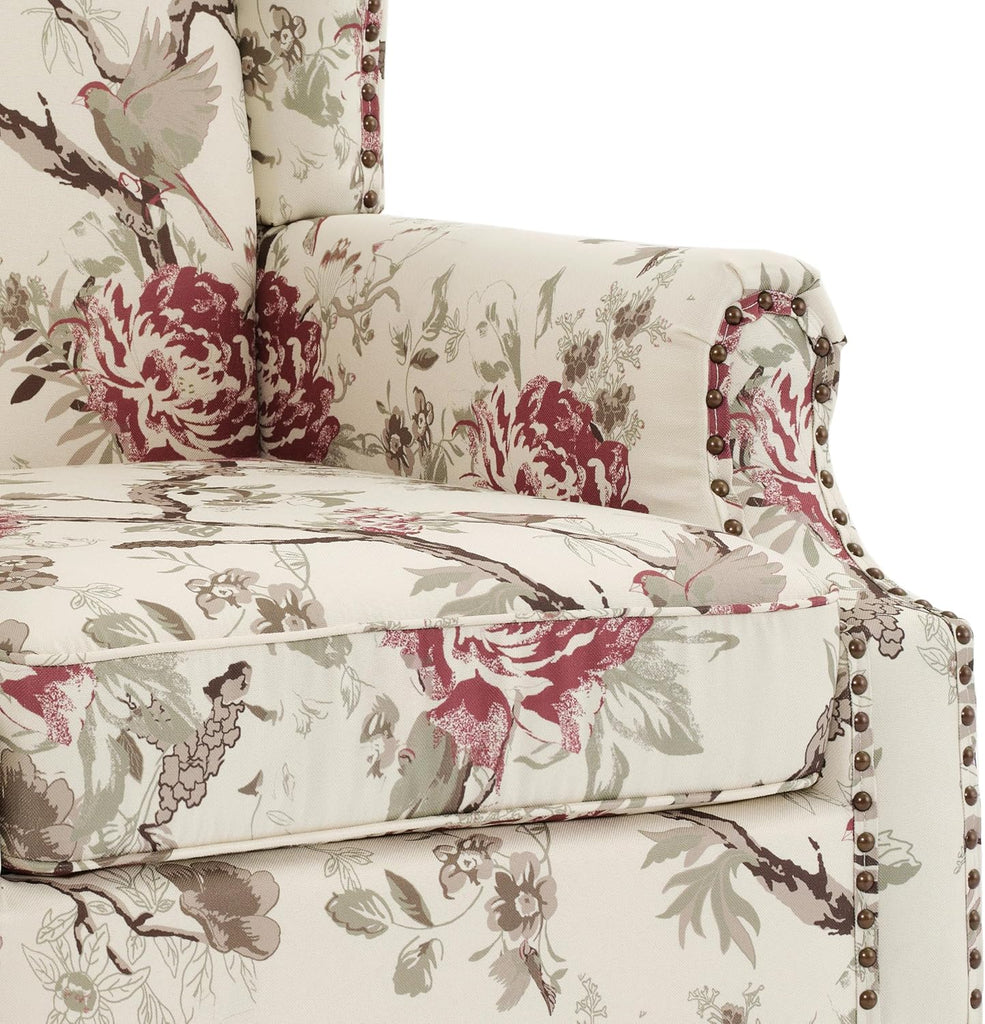 High Back Floral Accent Chair - Retro Wingback Upholstered Armchair with Nailhead Trim, Solid Wood Legs, Fabric