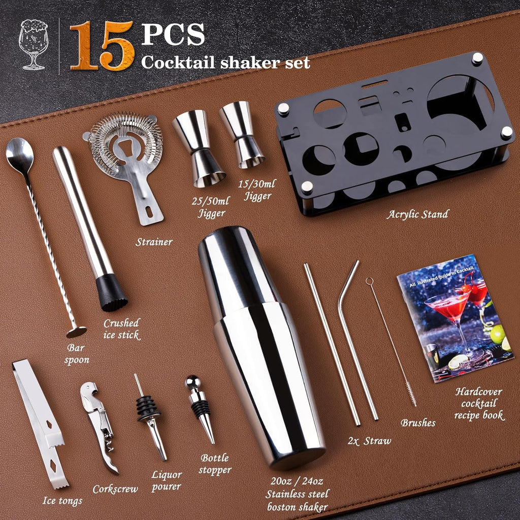 Cocktail Shaker Set Bartender Kit : 15-Piece Bar Tool Set with Acrylic Stand Bars Set with All Practical Bar