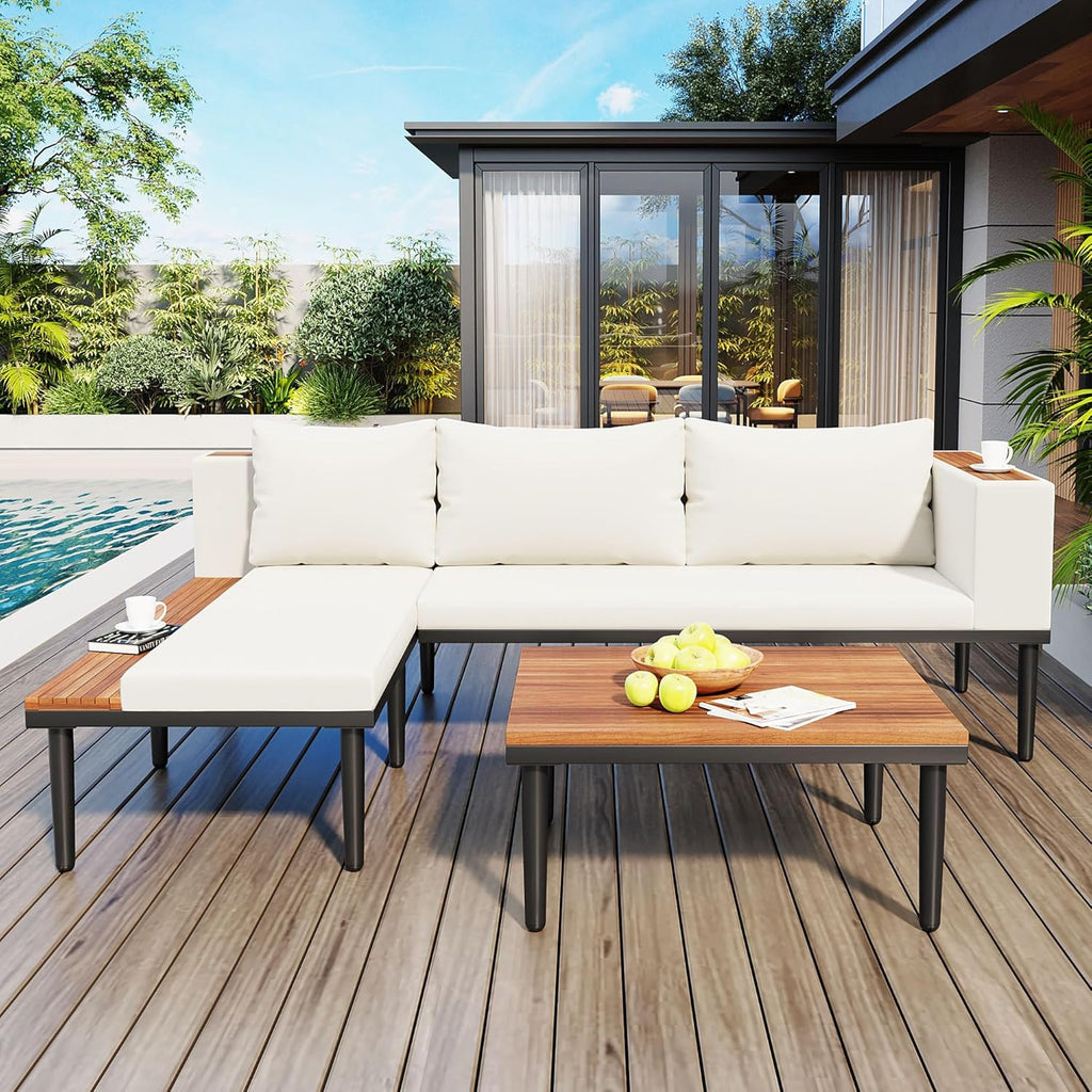 Acacia Wood Outdoor Sectional Sofa Set - Luxury L-Shaped Patio Furniture with Removable Cushions, Coffee Table & Side