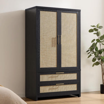 Rattan Armoire Wardrobe Closet, 71 inch Boho Wardrobe with Drawers | Farmhouse Storage Cabinet Armoire with Hanging