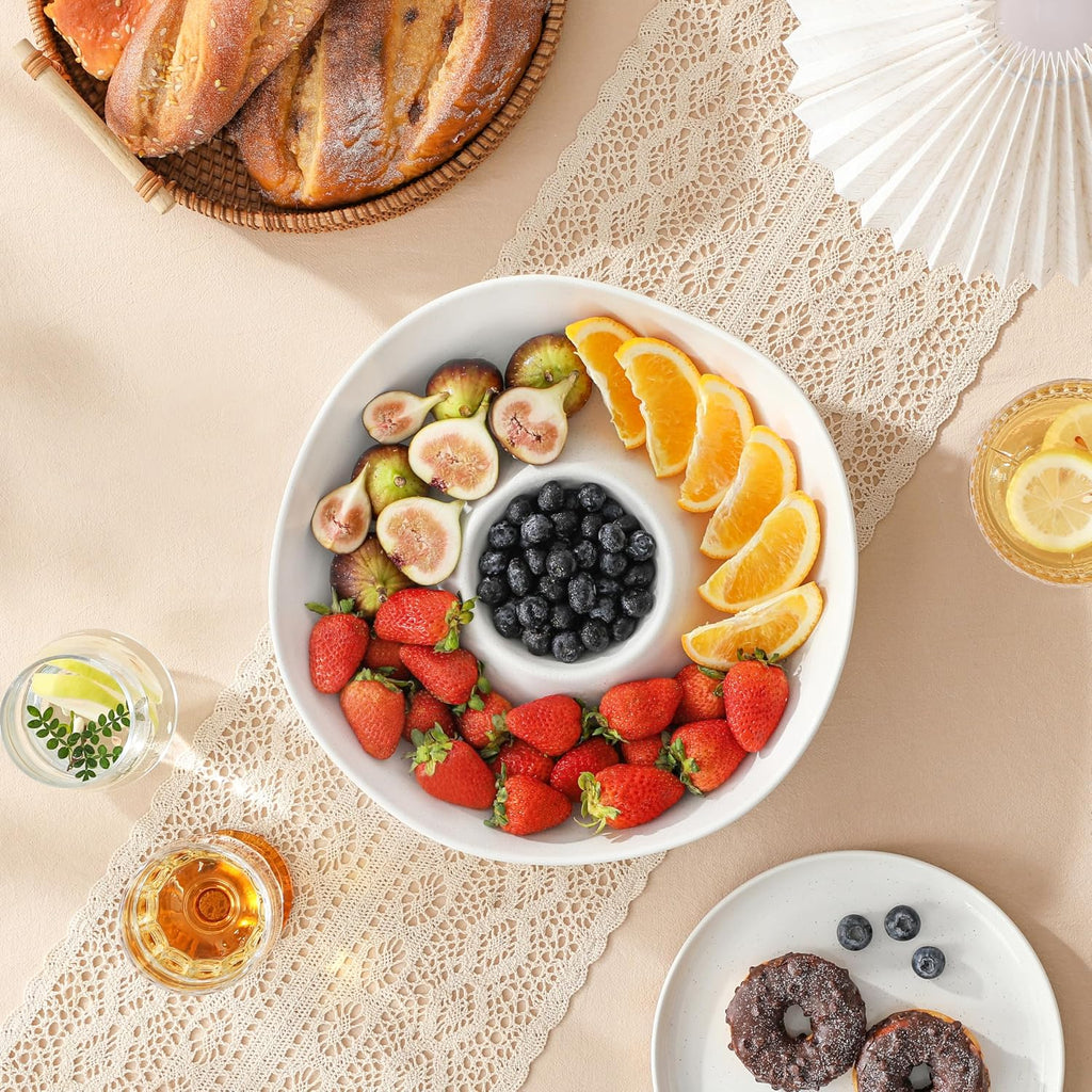 Ceramic Chips and Dip Serving Tray, 12 Inch Dip Serving Tray | Free-Form Divided Ceramic Chips and Dip Bowls for