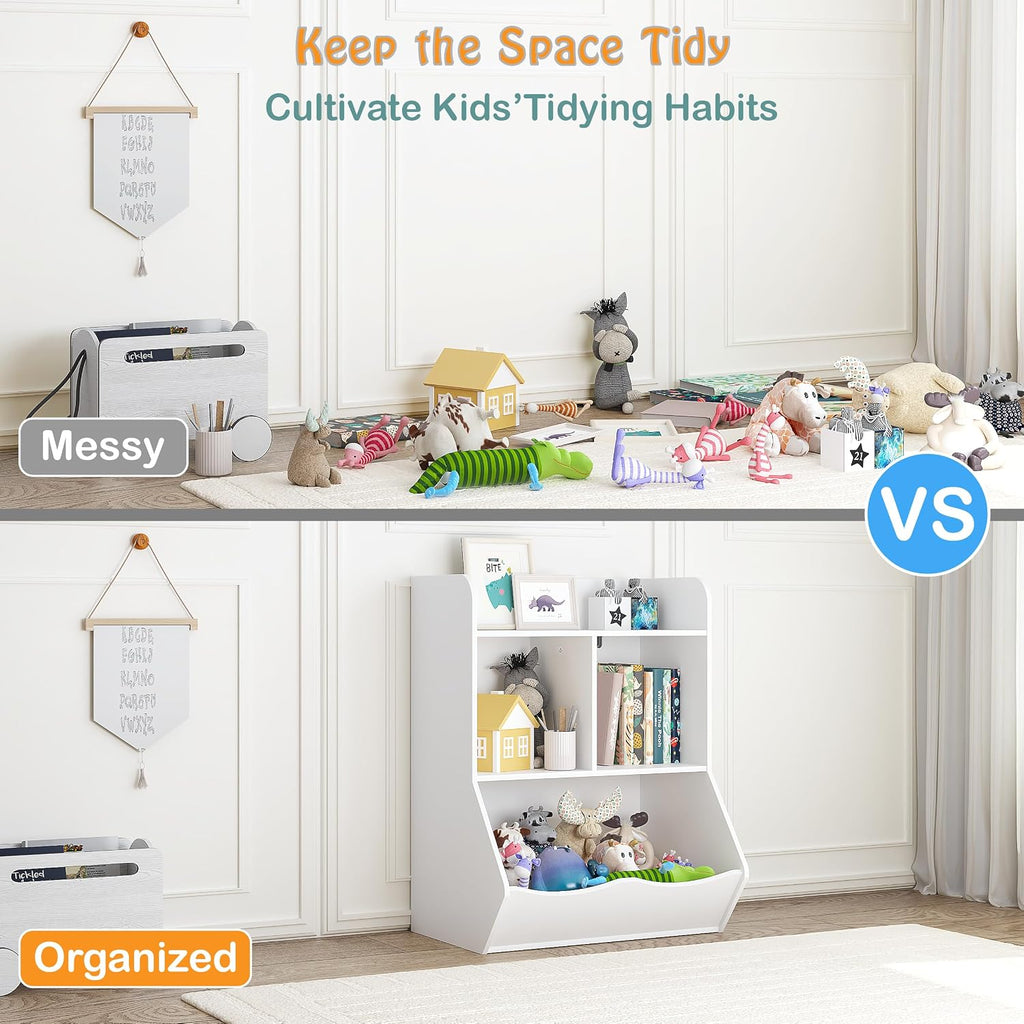 Kids Bookshelf and Toy Storage Organizer, 3 Cubby Kids Bookcase with Open Toy Cabinet, White