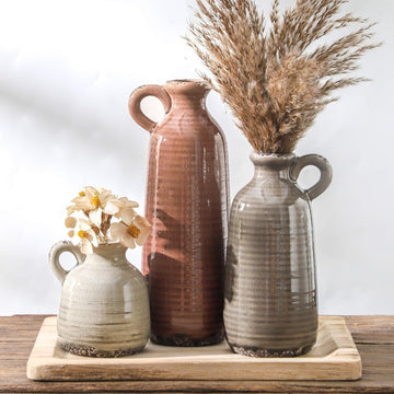 Ceramic Vases Set of 3, Neutral Rustic Farmhouse Vase with Handle, Decorative Flower Vases Home Decor Modern Boho