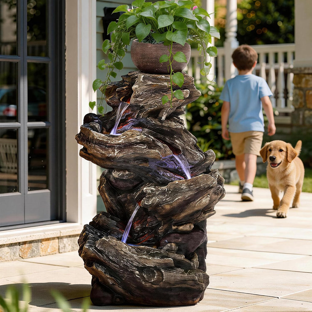 33" Rustic Tree Trunk Outdoor Water Fountain with Planters, Handcrafted 5-Tier Cascading Water Feature with Moss &