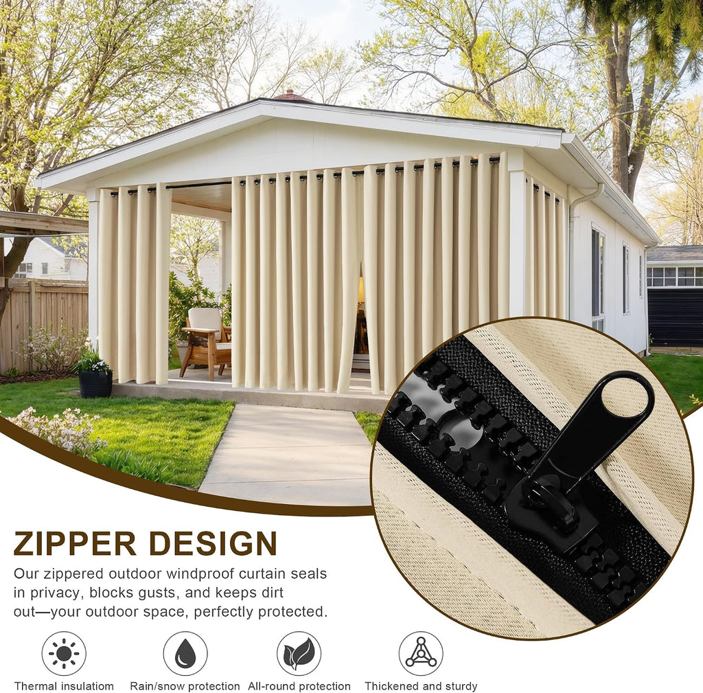 Fade-Resistant Outdoor Curtains Waterproof with Zipper | Zipper Back Tab,Windproof Sun Blocking Thermal Insulated for