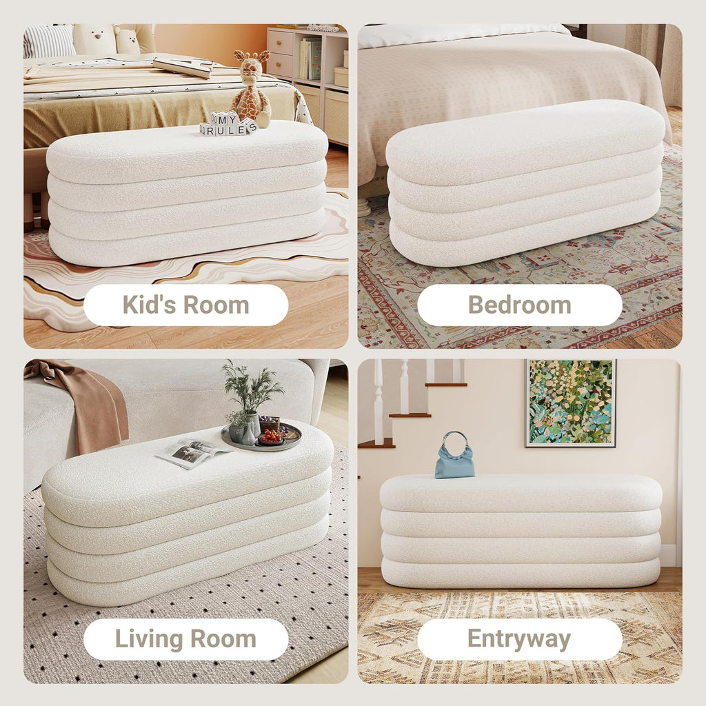 Storage Ottoman Bench 49.2 Inch Upholstered Fabric Storage Bench End of Bed Aesthetic Large Oval Ottoman Entryway