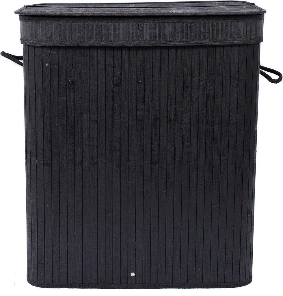 Double Laundry Hamper with Lid and Cloth Liner - Bamboo - Black - Easily Transport Laundry Basket - 2 Section