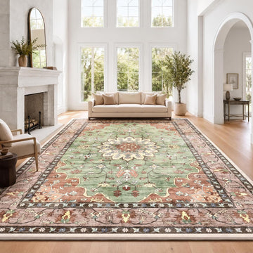 Washable Area Rug, Large Vintage Distressed Medallion Rugs