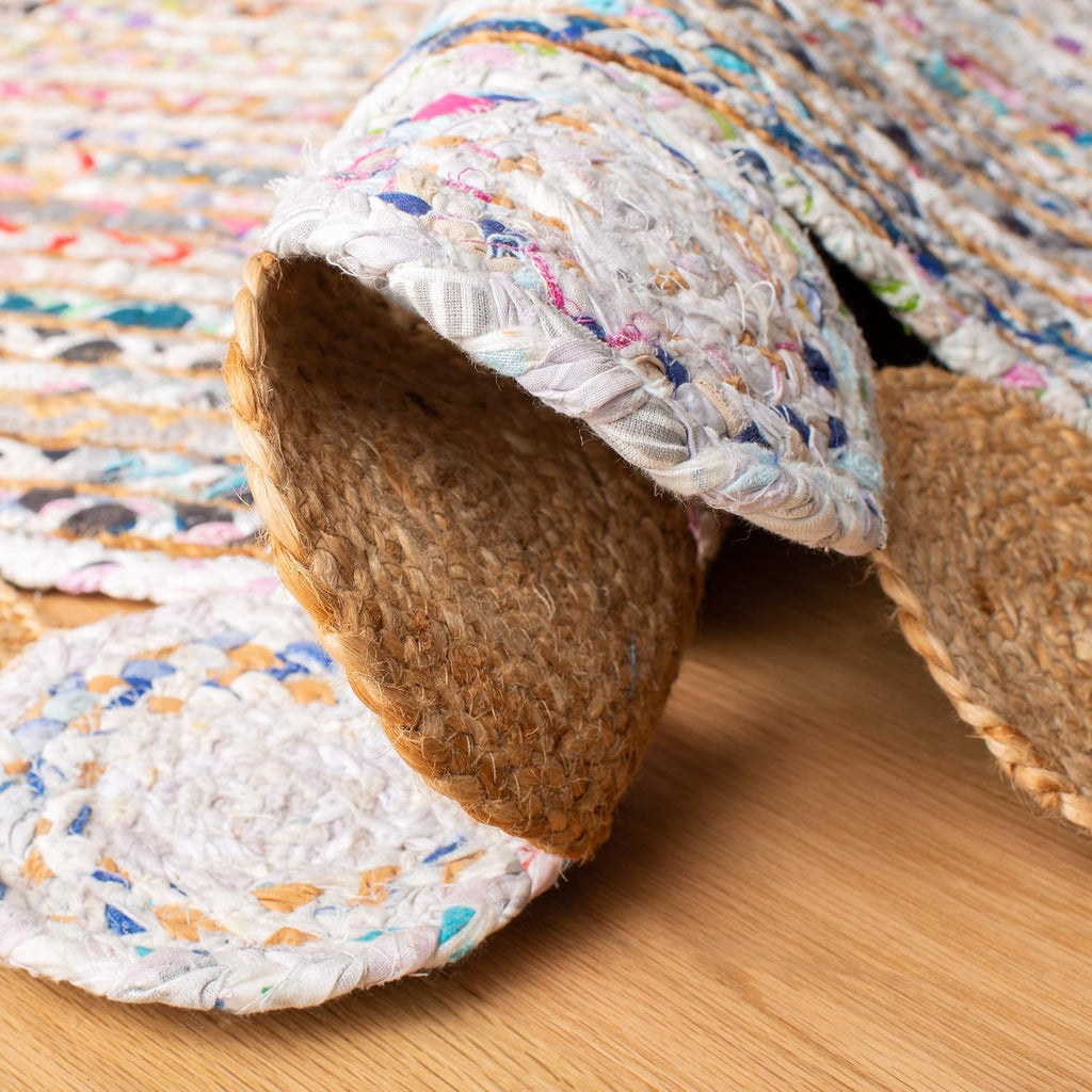 Cape Cod Collection Area Rug - 5' x 7' Oval, Beige & Multi, Handmade Boho Braided Jute & Cotton, Ideal for High