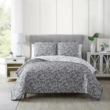 Resort Annabella Floral Dark Grey 3-Piece All-Season Soft Woven Matelasse Jacquard Reversible Cotton Blend Quilt Set
