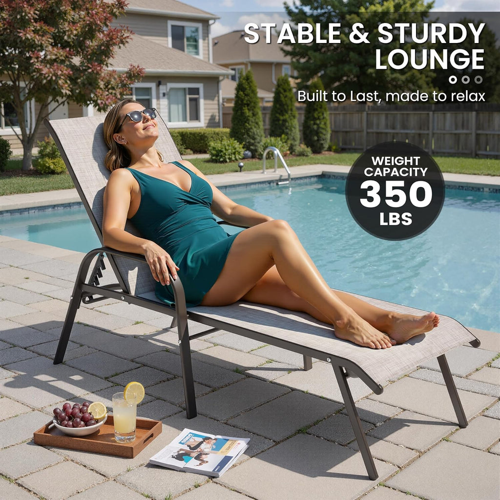 Chaise Lounge Chair Outdoor, Pool Chairs Set of 2 with Armrests (Beige) | 5-Position Adjustable Backrest, Sturdy