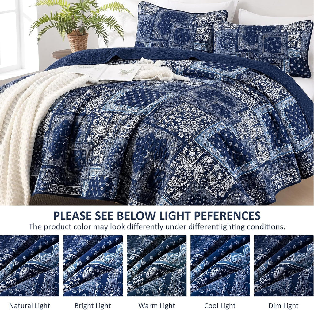 Blue Patchwork Quilt Set,Boho Navy Blue Quilt Set,Paisley Farmhouse Bedspread Soft Microfiber Bedding Set