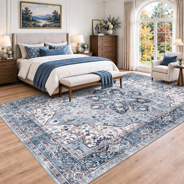 Washable 10x14 Area Rug Living Room: Vintage Boho Large Coastal Carpet, Blue
