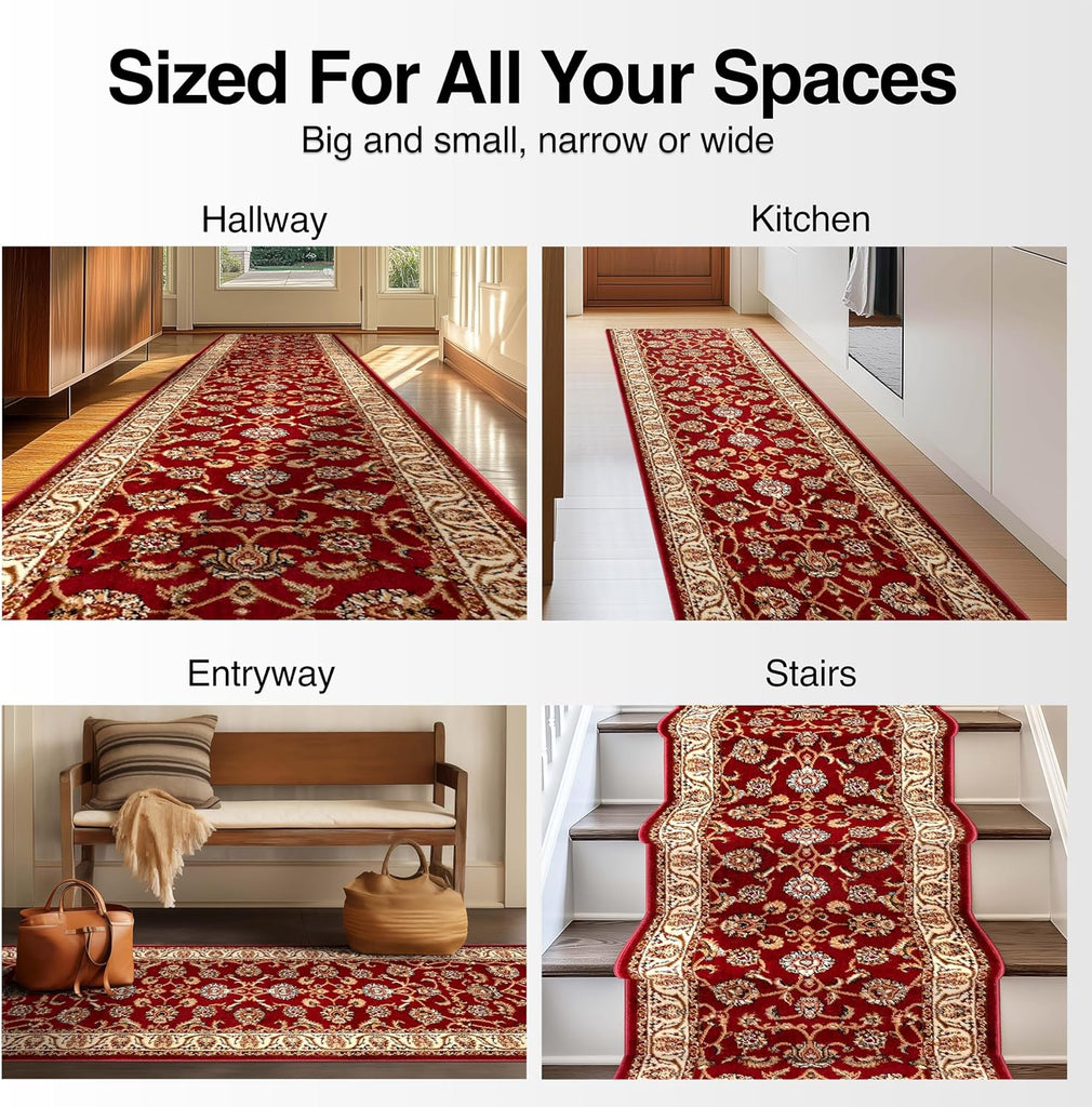 Custom Size Hallway Stair Runner - Choose Your Custom Length - Noble Sarouk Red Oriental 27 Inch Wide x 25 Feet Long