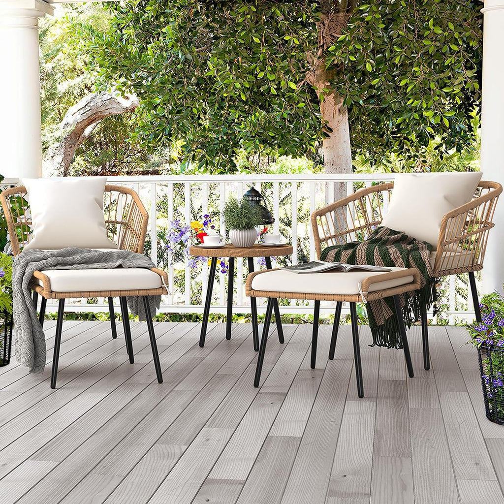 2-Piece Outdoor Wicker Ottoman, All-Weather Patio Rattan Foot Rest with Cushions - Beige