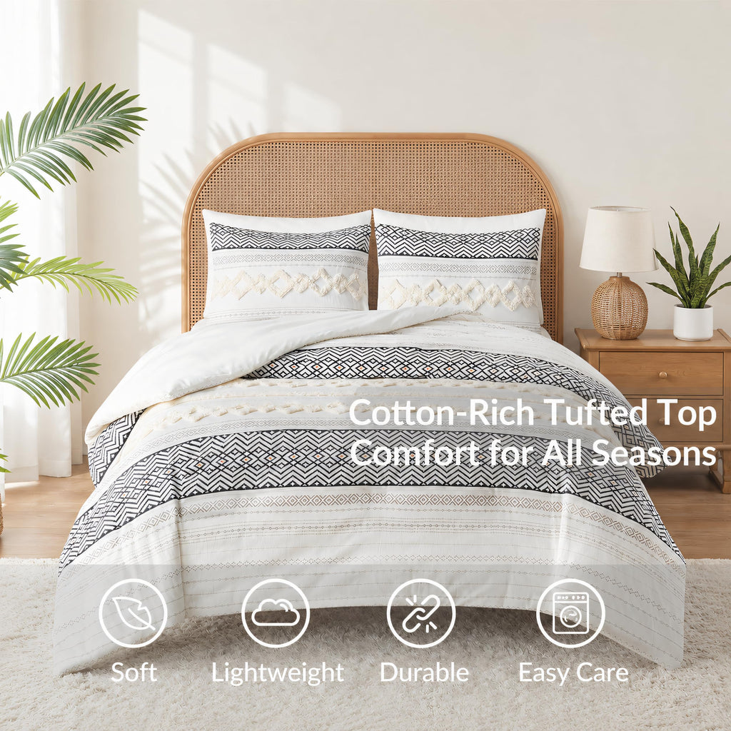 King Size Comforter Set, Boho Tufted 3-Piece Bedding Sets, Ivory