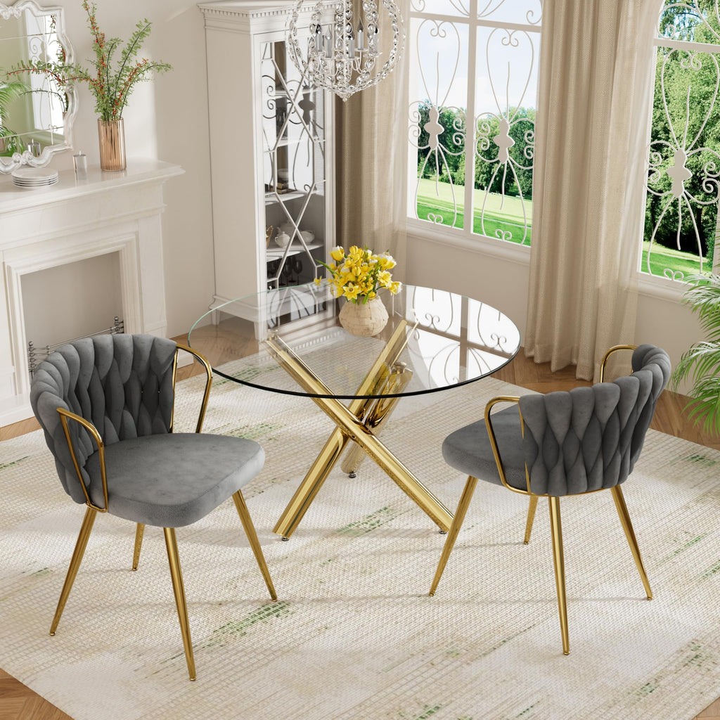 39'' Round Glass Dining Table Set for 2, 3-Piece Modern Dining Room Table Set, Circle Kitchen Table Set with 2 Grey