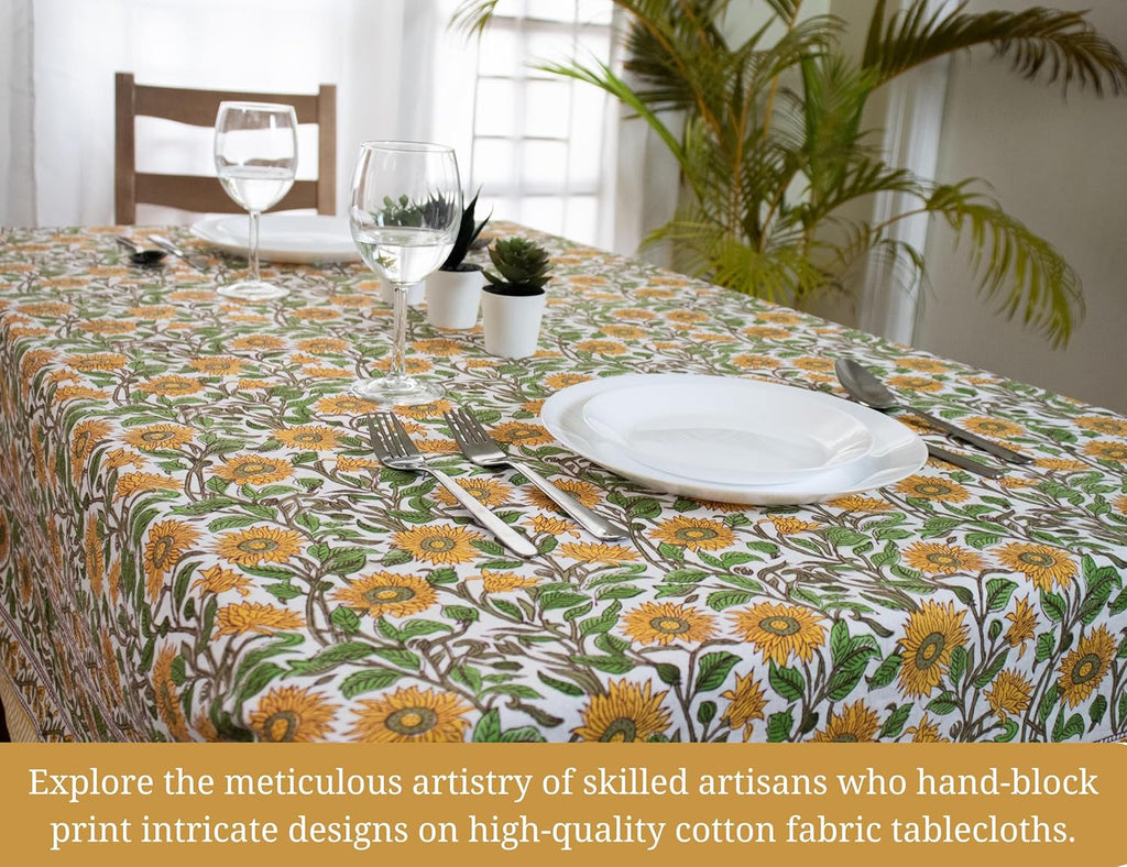 Block Print Table Cloth- 54x108 Inch Rectangle 100% Cotton Handmade Pre-Shrink, Washable for Spring,