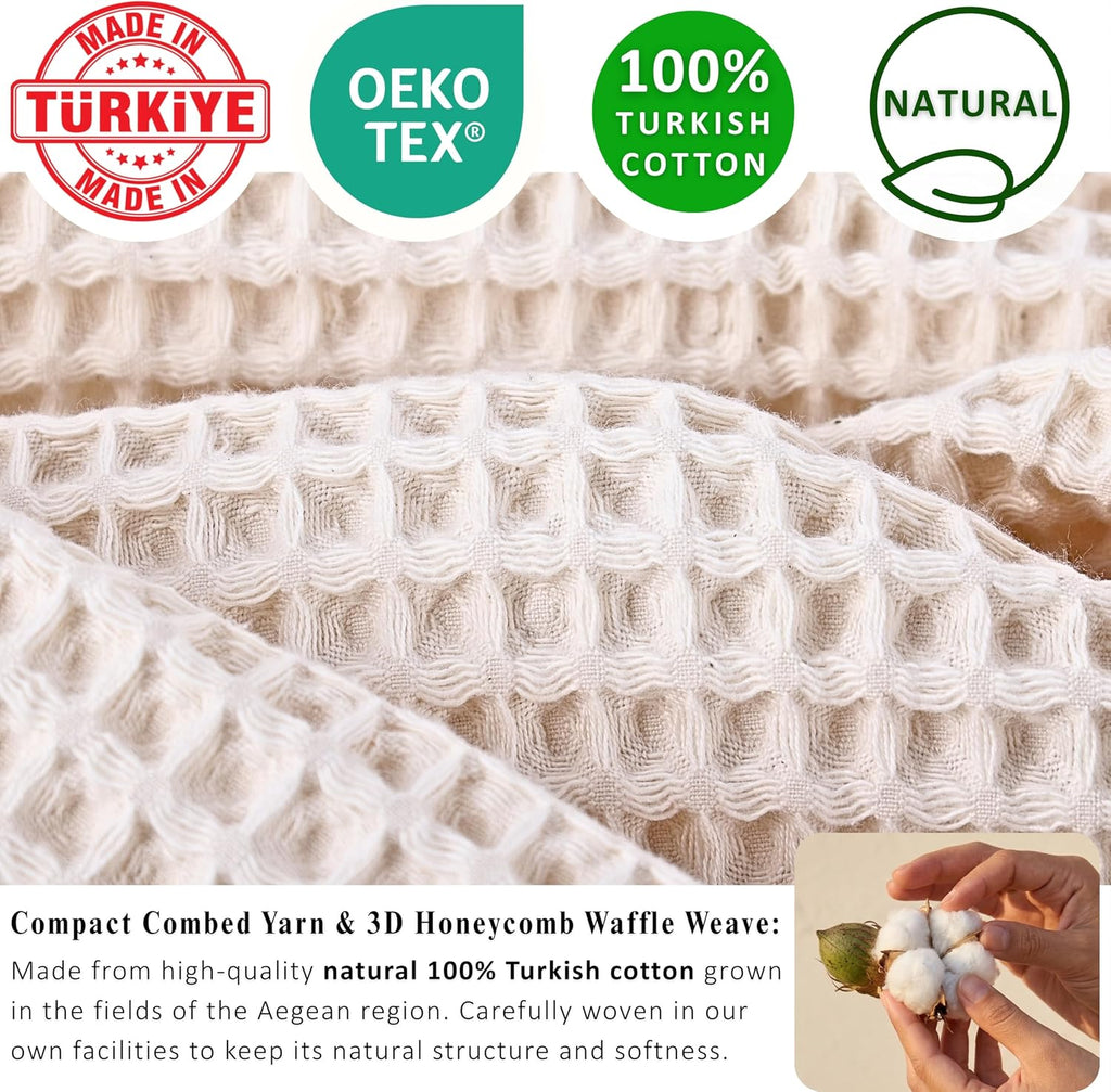 Natural 100% Turkish Cotton Waffle Towels Set (4-Piece) | Raw-Undyed, Large Size 2 Hand & 2 Bath Towel Quick-Dry Soft