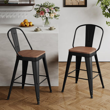 Metal Bar Stools Set of 2, 24" Counter Height with Backs, Black