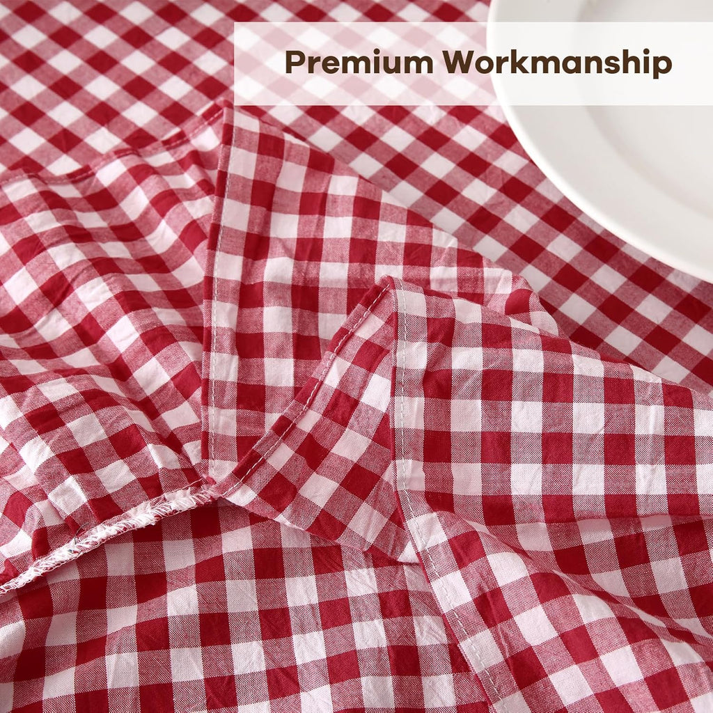 Red White Plaid Ruffled Table Cloth Rectangular for Seat 8-10, 100% Washed Cotton Buffet Cottage Coq