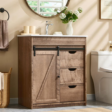 30" Farmhouse Bathroom Vanity with Sink, Freestanding Modern Bathroom Storage Vanity Cabinet w/Sliding Barn Door, 3 Drawers & Adjustable Shelves, Light Brown
