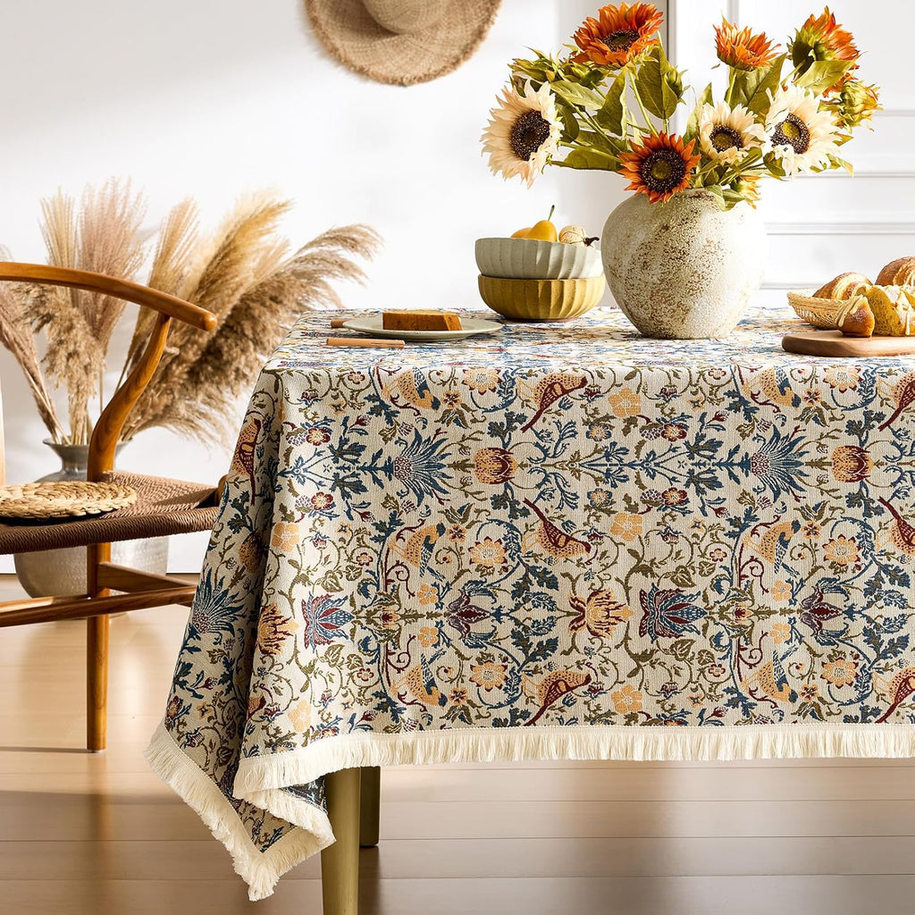 Farmhouse Floral Tablecloths Rectangular Vintage Flower Print Table Cloth with Tassel Rustic French 