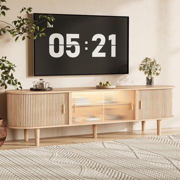 70" Fluted TV Stand with LED Lights for TVs up to 75 Inch, Mid Century Modern Entertainment Center with Sliding Doors