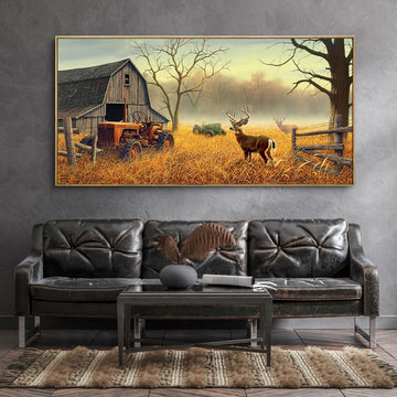 Deer Wall Art Canvas Prints Decor Decoration Deer Tractor Farm Wildlife Hunting Picture Glass Surface Artwork Ready