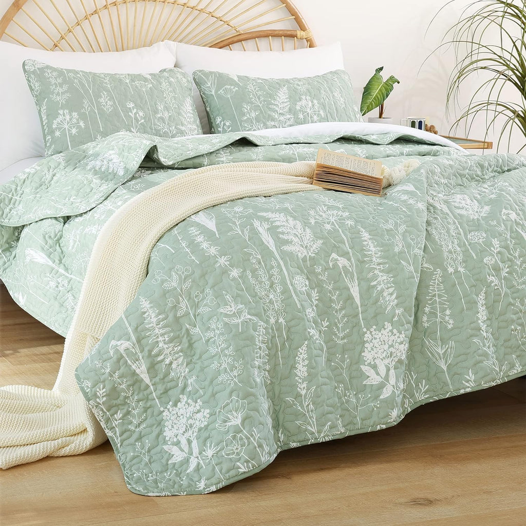 Quilts Sage Green Quilt Botanical with Floral Pattern Microfiber Bedspreads 3 Pieces Lightweight