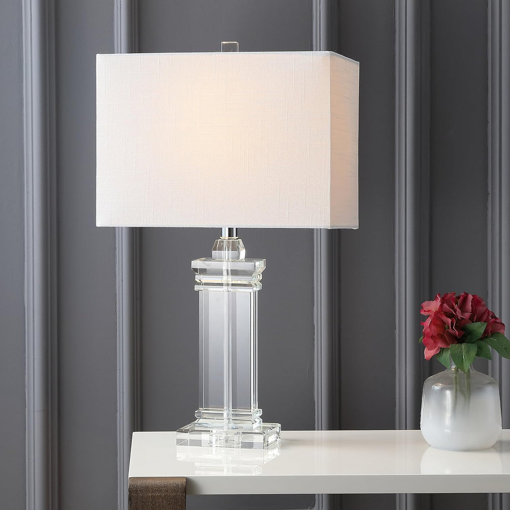 24.5" Ophelia Clear Solid Crystal LED Table Lamp, Modern Rectangular Column Lamp with White Linen Shade Bedroom
