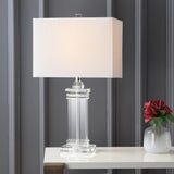 24.5" Ophelia Clear Solid Crystal LED Table Lamp, Modern Rectangular Column Lamp with White Linen Shade Bedroom