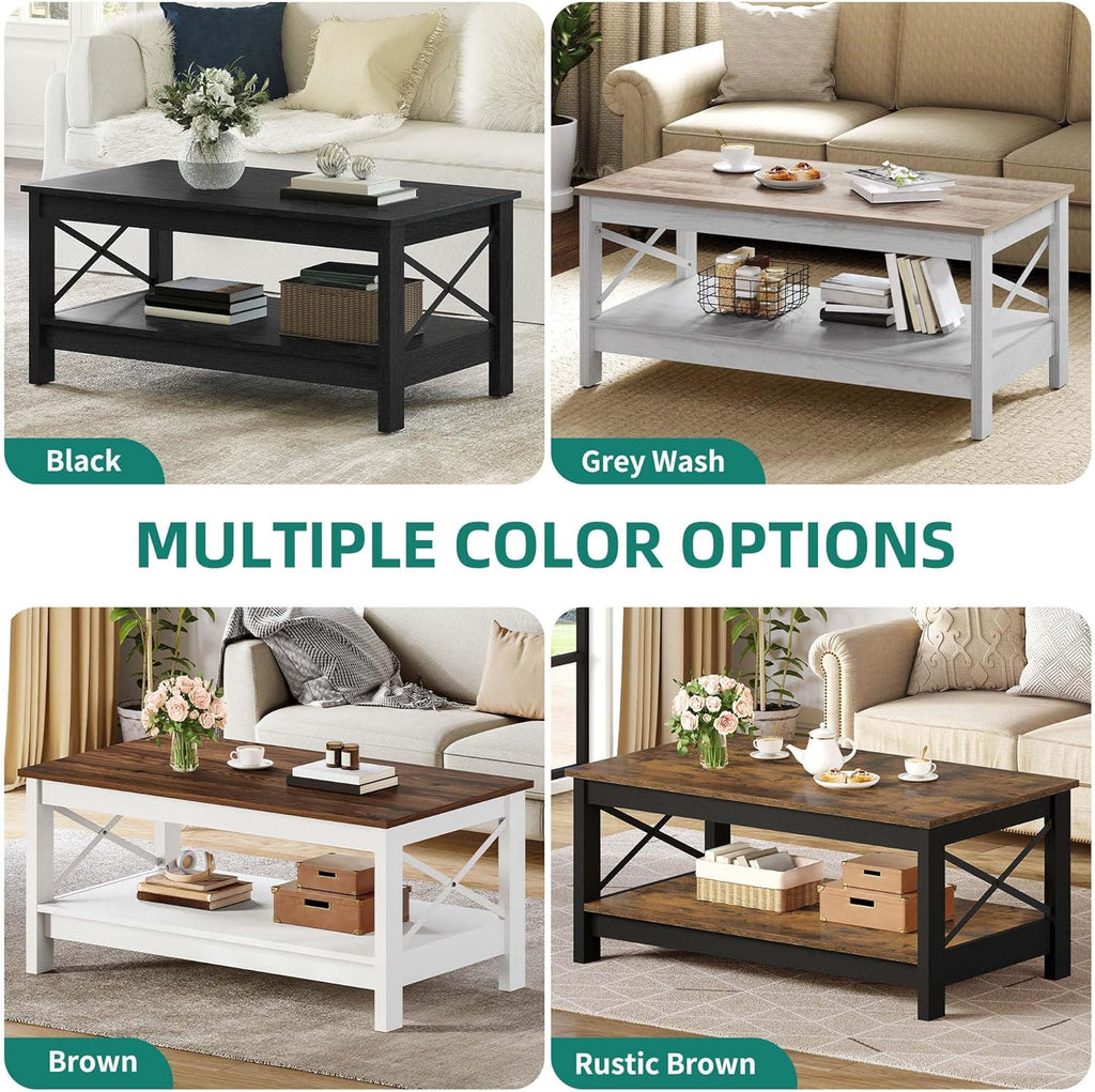 Coffee Tables, Modern Farmhouse Coffee Table with Storage, 2-Tier Center Table Wood Table Accent Cocktail with Stur...