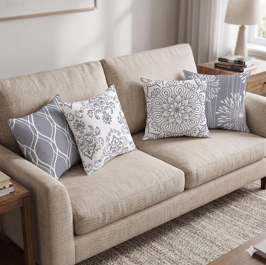 Decorative Throw Pillow Covers 18x18 Set of 4, Grey and White Modern Simple Square Pillow Case Cushion Cover, 18" x18")