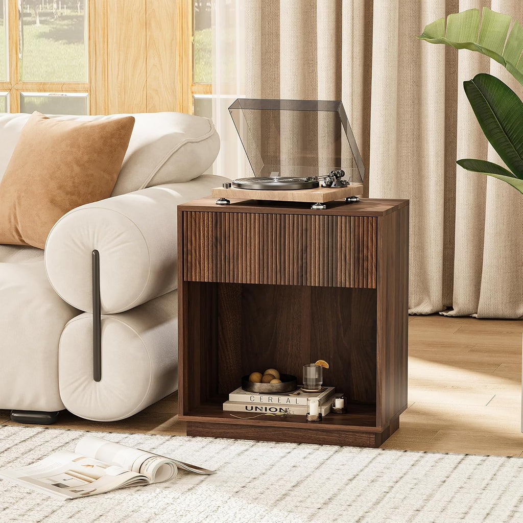 Fluted Nightstands Set of 2, Modern Bedside Table with Storage Drawer and Open Wood Shelf, Wood End Table Mid Century