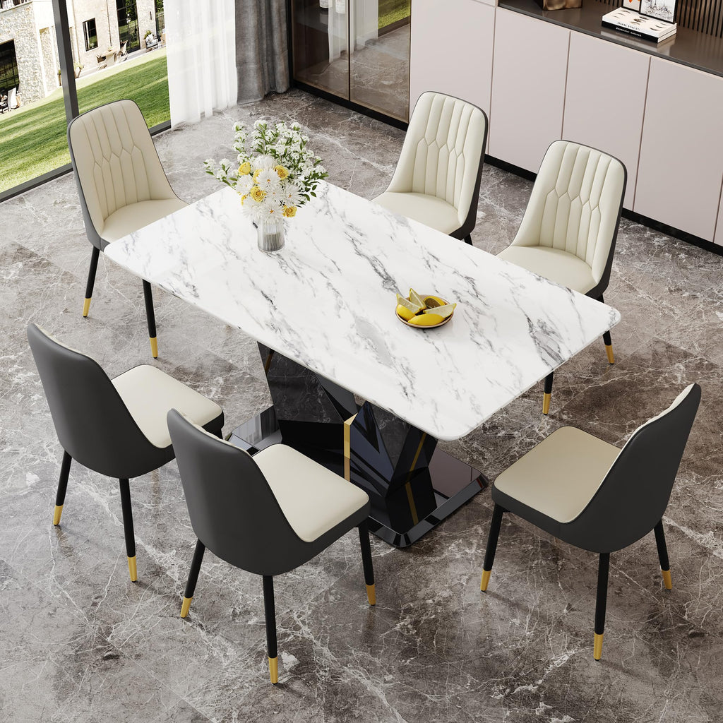 Modern Dining Table Set for 6, 7 Piece Dining Room Table Set, White Marble Dining Room Table Set for 6, 63" Rectangule