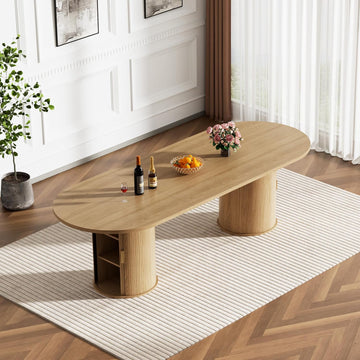 Round Extendable Dining Table, 94" Extendable Dining Room Table for 10, Retro Wooden Kitchen Expanding Table Oval Top