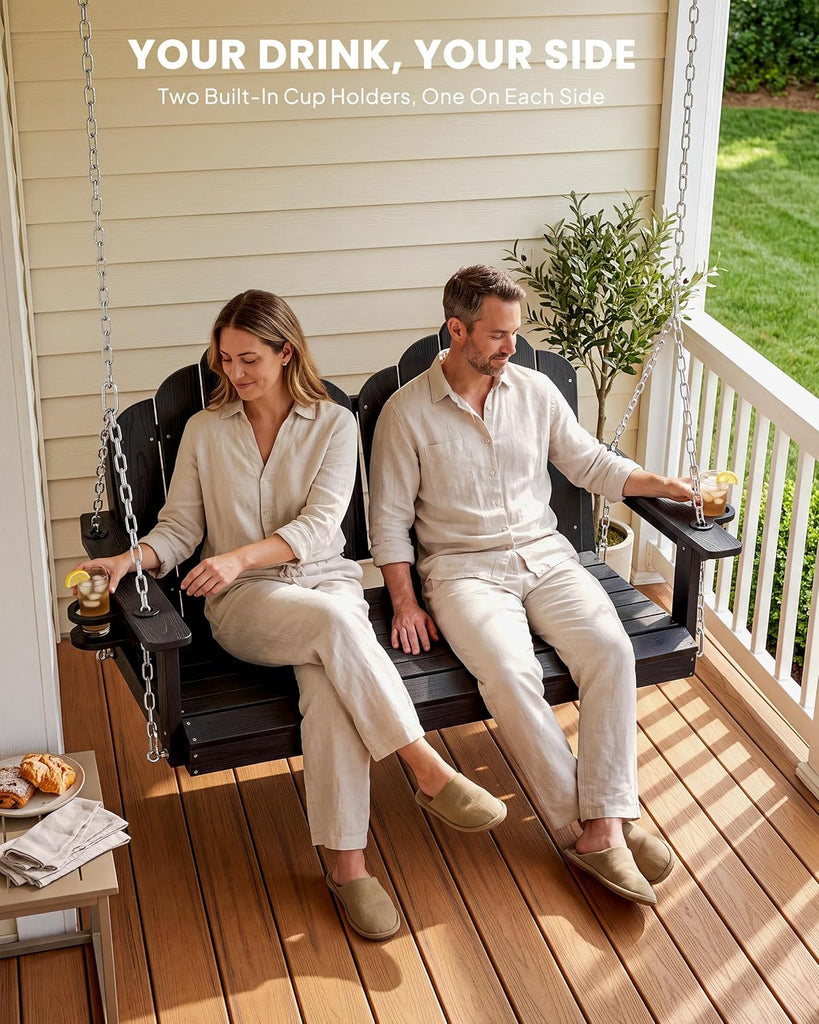 Porch Swing Bench for Adults, HDPE Wood Grain Outdoor Swing, Black | 2 seat for a couple or parent and child; two cup