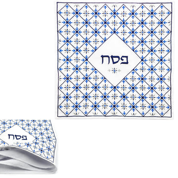 Embroidered Passover Matzah Cover for Passover, Argyle Blue Design