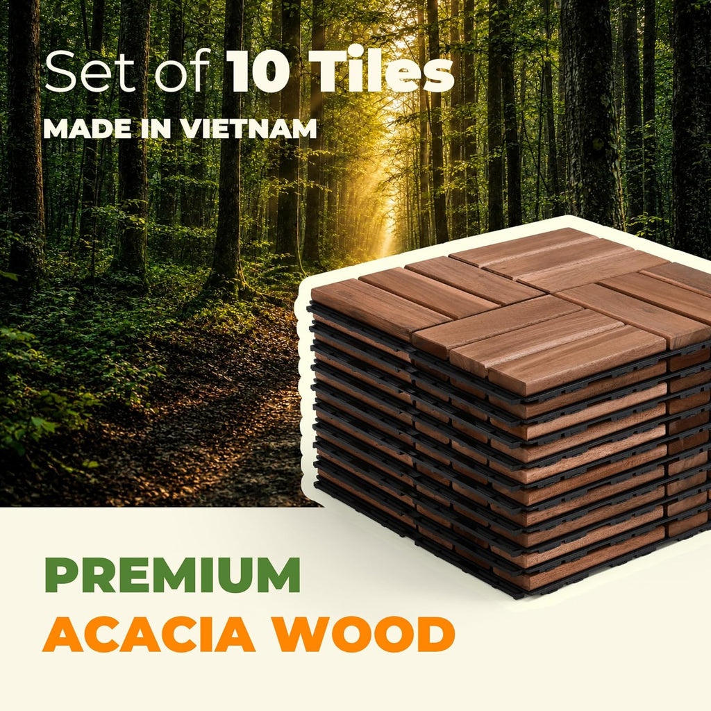 Premium Deck Tiles, 10 PCS 12x12 Outdoor Patio Floor Tiles, Waterproof Wood Flooring Tiles, Snap Tiles for Patio