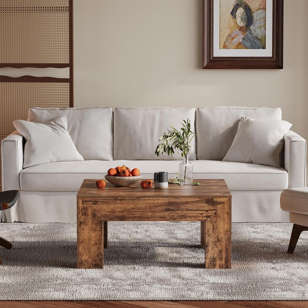 Wooden Square Coffee Table,35.5 inch Farmhouse Low Cocktail with Thick Base (Rustic Brown)