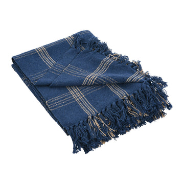 Recycled Cotton Blend Throw Blanket with Fringe, Blue Plaid